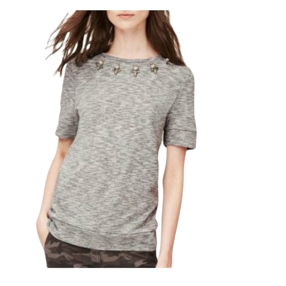 Ann Taylor LOFT Gray Jeweled Neckline  Embellished Short Sleeves Top
